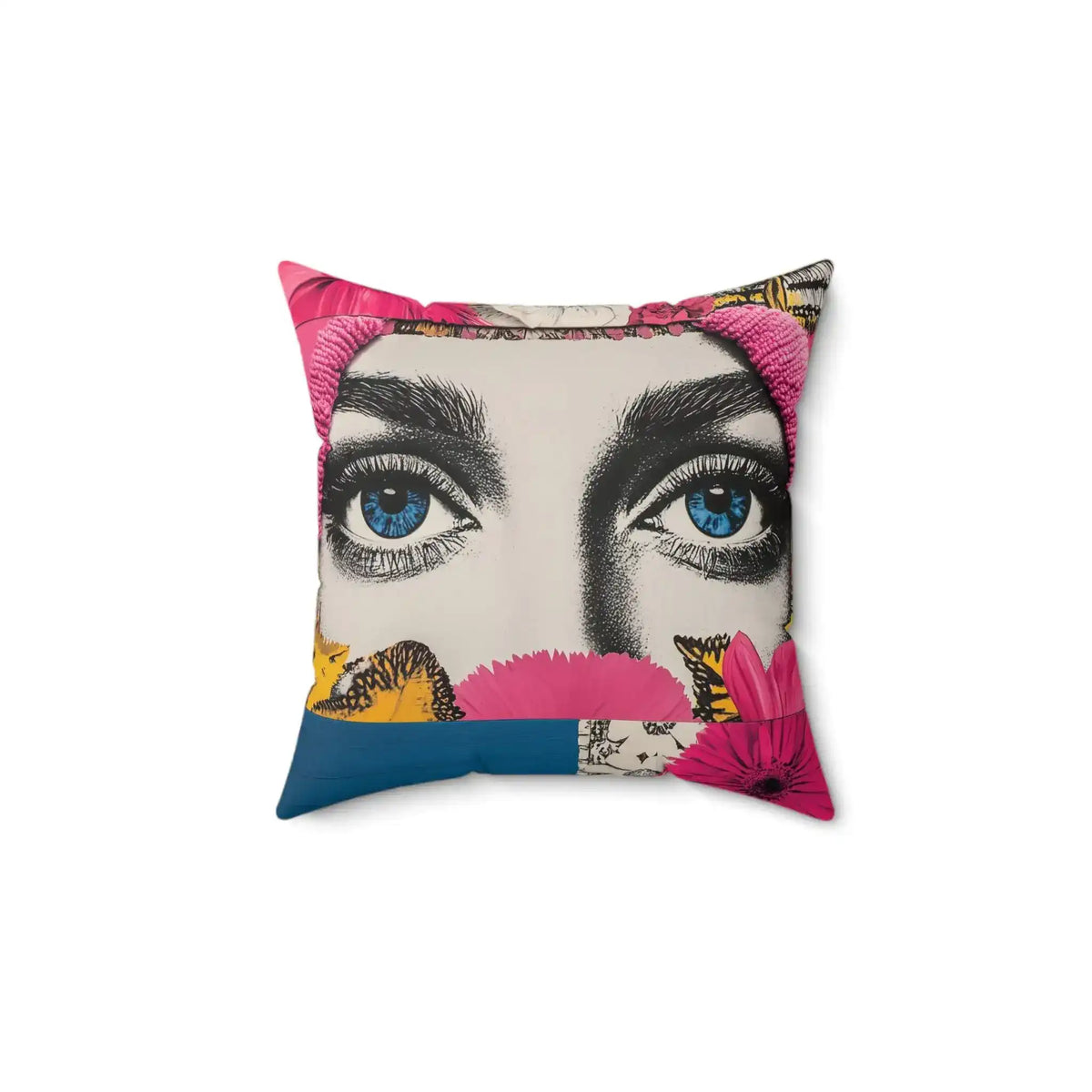 Bold Floral Portrait Throw Pillow with pop-art woman's blue eyes, pink flowers, yellow butterflies and blue color block
