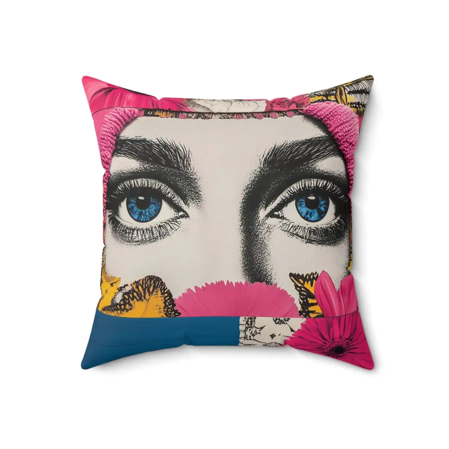 Bold Floral Portrait Throw Pillow left-angle view with pop-art eyes, pink flower and butterfly collage design