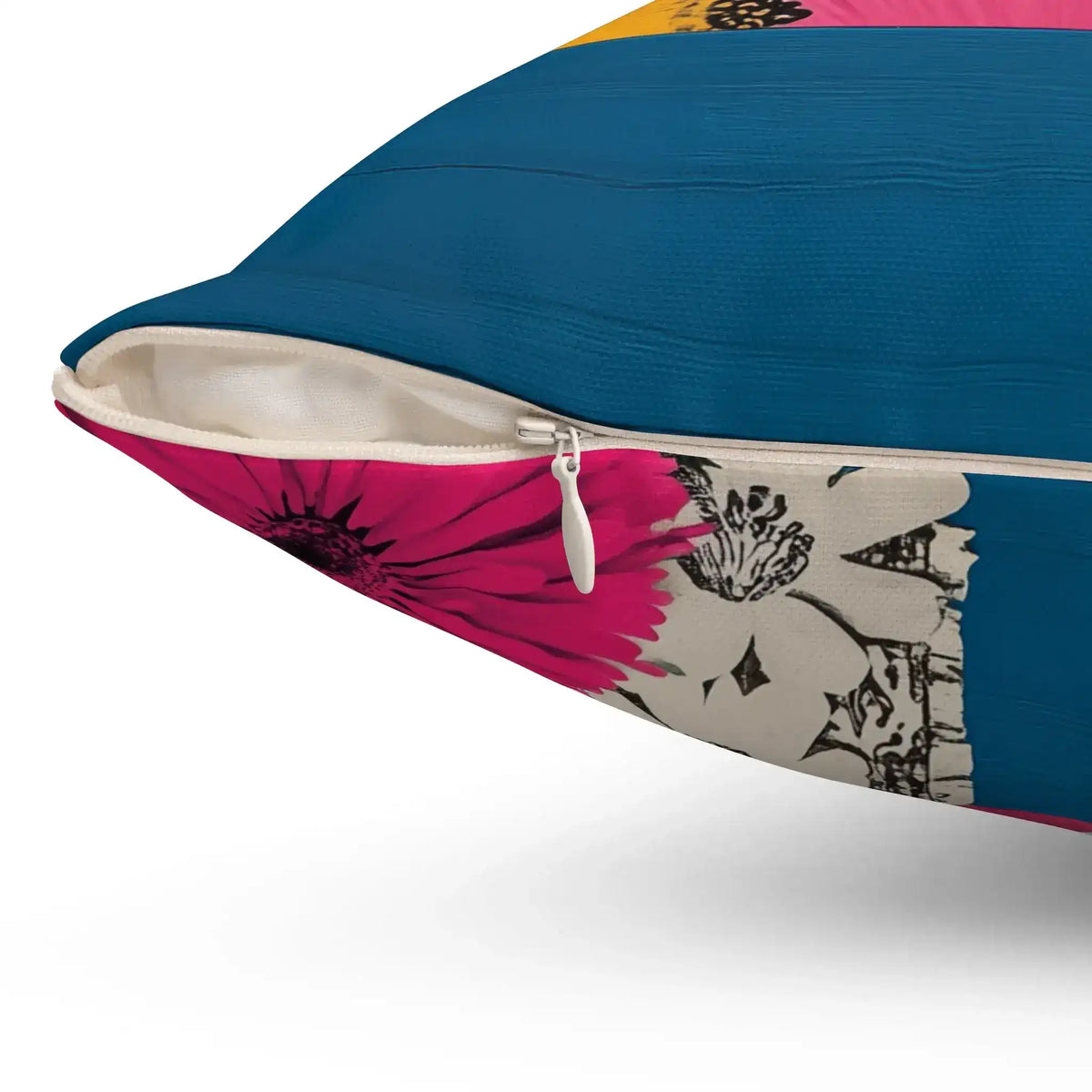 Bold Floral Portrait Throw Pillow bottom-edge detail showing white zipper, blue reverse panel and pink floral print