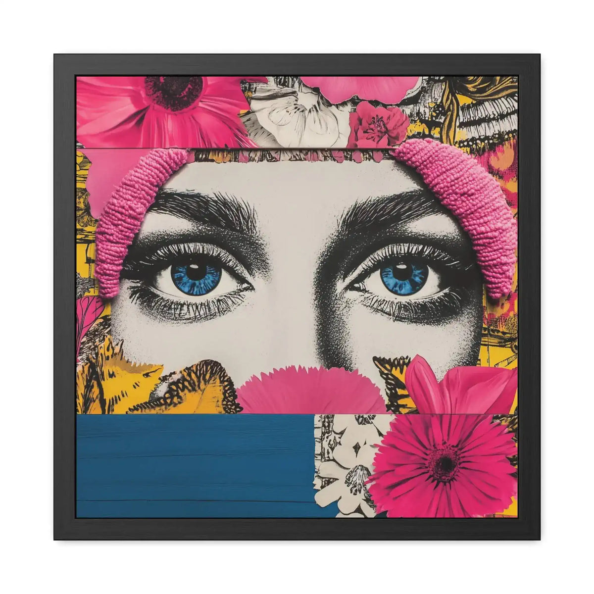 Bold Floral Portrait Wall Art white background product shot showing pop-art eyes collage with pink daisy and blue lower panel