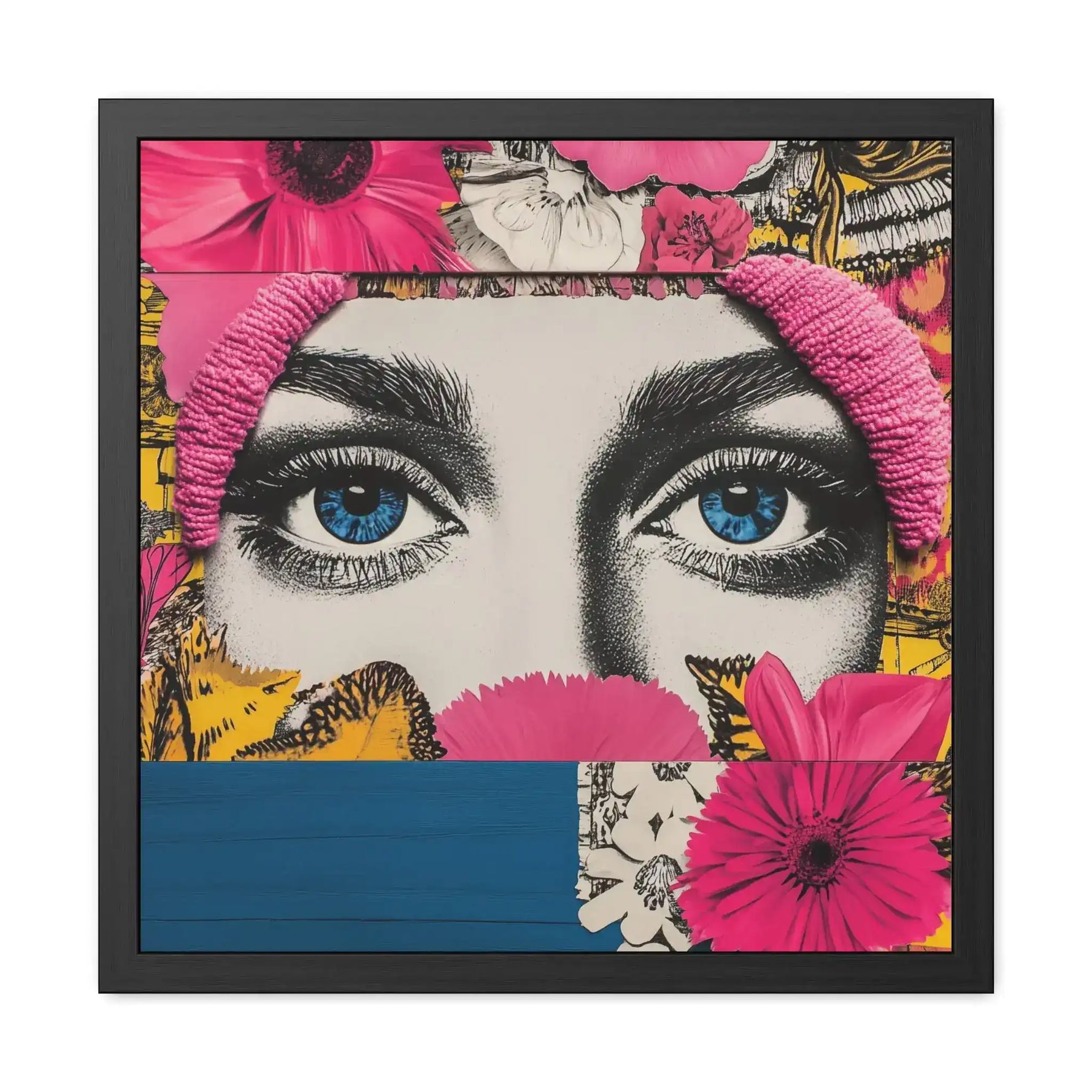 Bold Floral Portrait Wall Art white background product shot showing pop-art eyes collage with pink daisy and blue lower panel