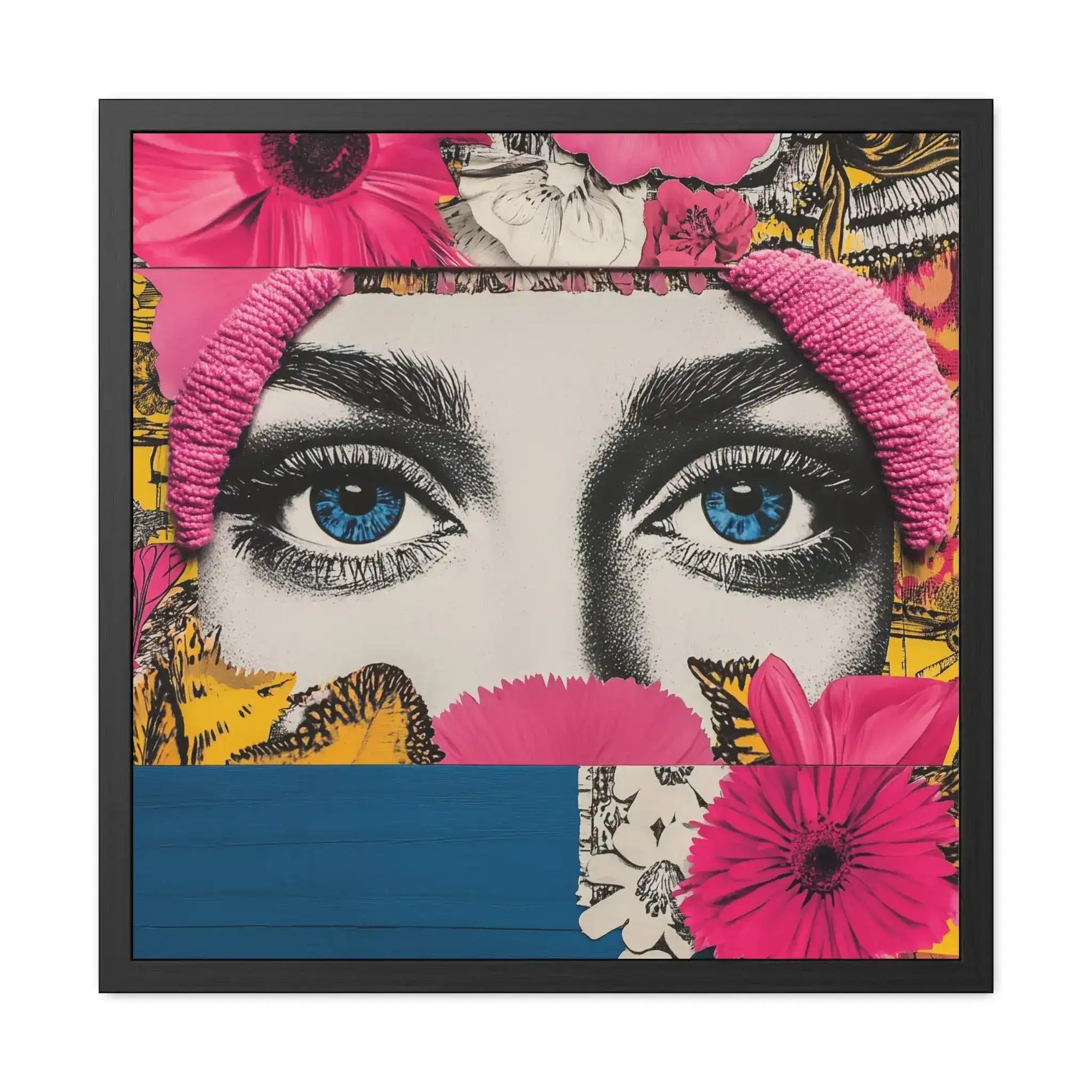 Bold Floral Portrait Wall Art white background product shot larger scale showing more blue and yellow collage panels