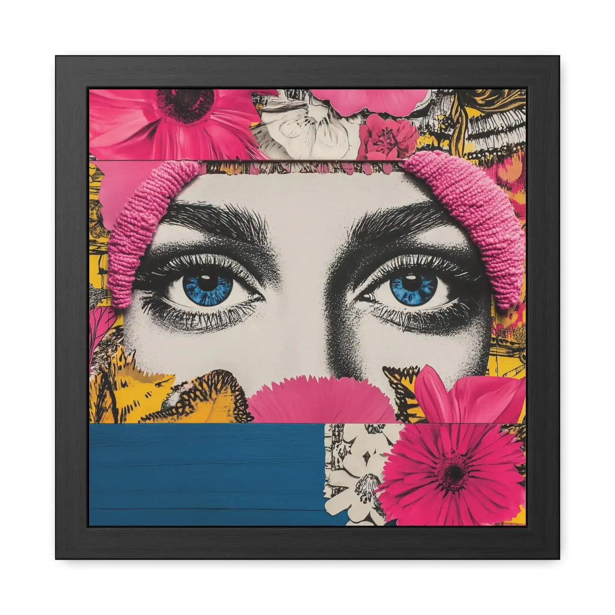 Black-framed square pop-art collage of large blue female eyes with pink headband surrounded by pink gerbera daisies yellow butterflies and botanical prints