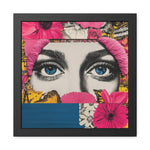 Black-framed square pop-art collage of large blue female eyes with pink headband surrounded by pink gerbera daisies yellow butterflies and botanical prints