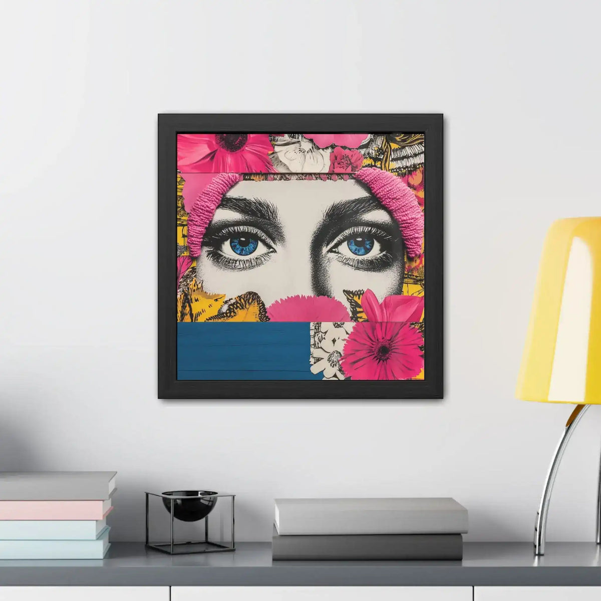 Bold Floral Portrait Wall Art on white wall in styled room with grey modern console stacked books small sculpture and yellow arc lamp