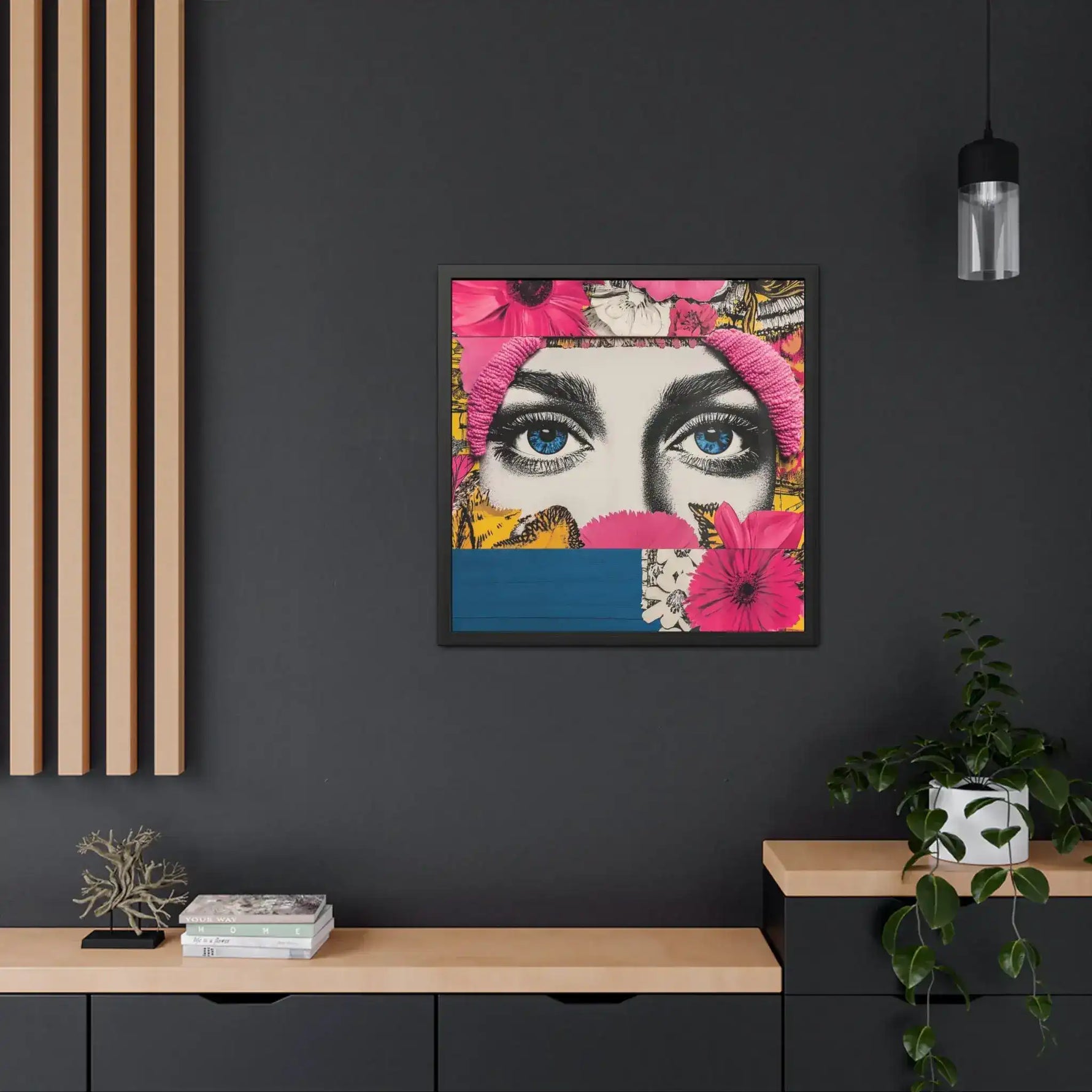 Bold Floral Portrait Wall Art framed print on dark charcoal wall above modern wood credenza with pendant lamp and green trailing plant