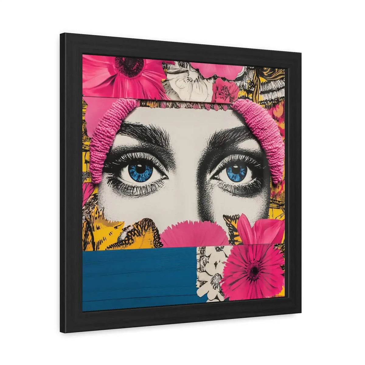 Bold Floral Portrait Wall Art angled side view showing depth of black frame and pop-art floral eyes composition