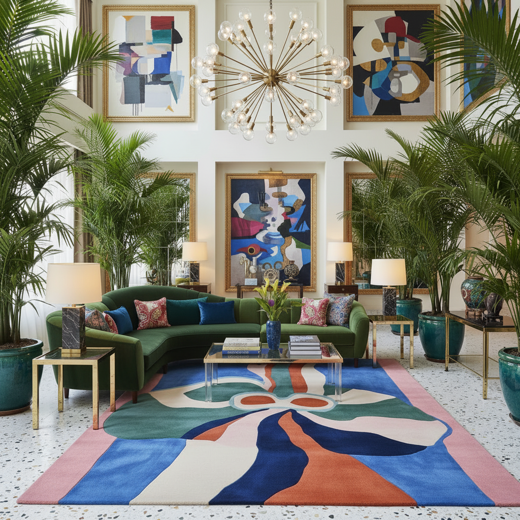 Modern living room with a green sofa, colorful rug, and abstract art on the walls.