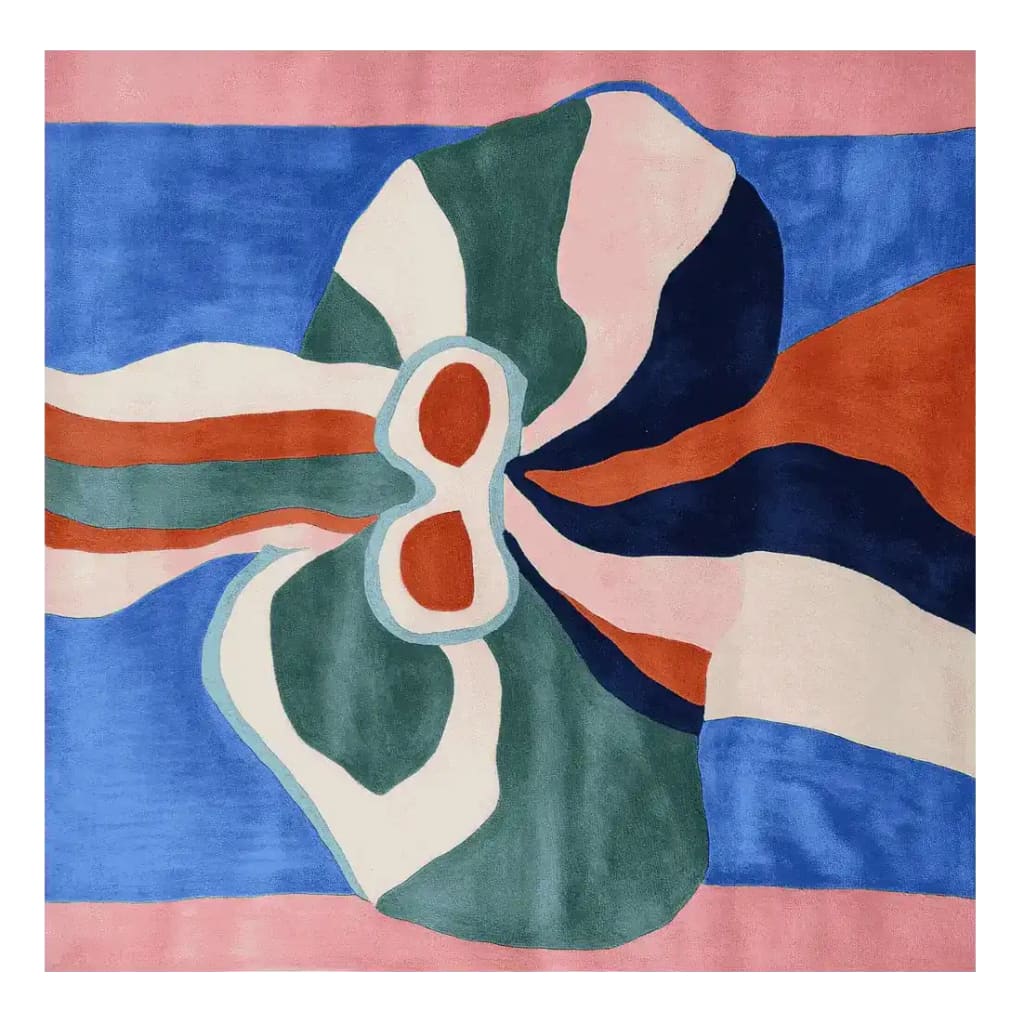 A vibrant hand-tufted area rug featuring an abstract design in bold colors like blue, green, orange, and pink. This contemporary square area rug, ideal for large living rooms, measures 8x10 and is made from high-quality wool, offering a stylish touch to any space.