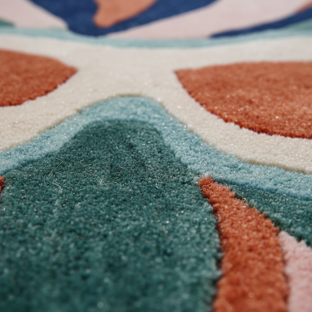 Close-up of a textured rug with geometric pattern
