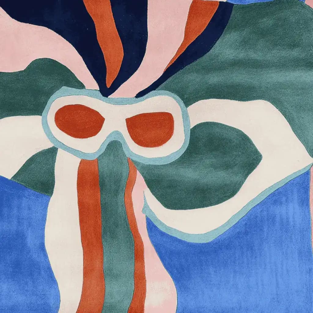 A contemporary area rug with abstract patterns in vibrant colors including blue, green, pink, and orange. This square wool rug is perfect for adding a bold look to living rooms, measuring 8x10 feet. Ideal for those seeking large living room rugs with a modern flair.