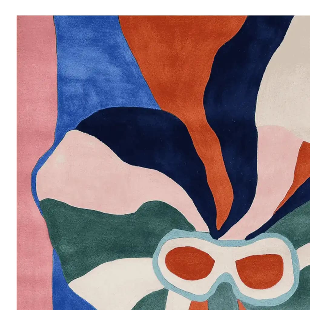 Vibrant and contemporary square area rug featuring bold abstract patterns in blue, orange, pink, and green. Perfect for adding a touch of modern style to your living room. This hand-tufted wool rug is ideal for those seeking large living room rugs, specifically in an 8x10 size.