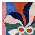 Vibrant and contemporary square area rug featuring bold abstract patterns in blue, orange, pink, and green. Perfect for adding a touch of modern style to your living room. This hand-tufted wool rug is ideal for those seeking large living room rugs, specifically in an 8x10 size.