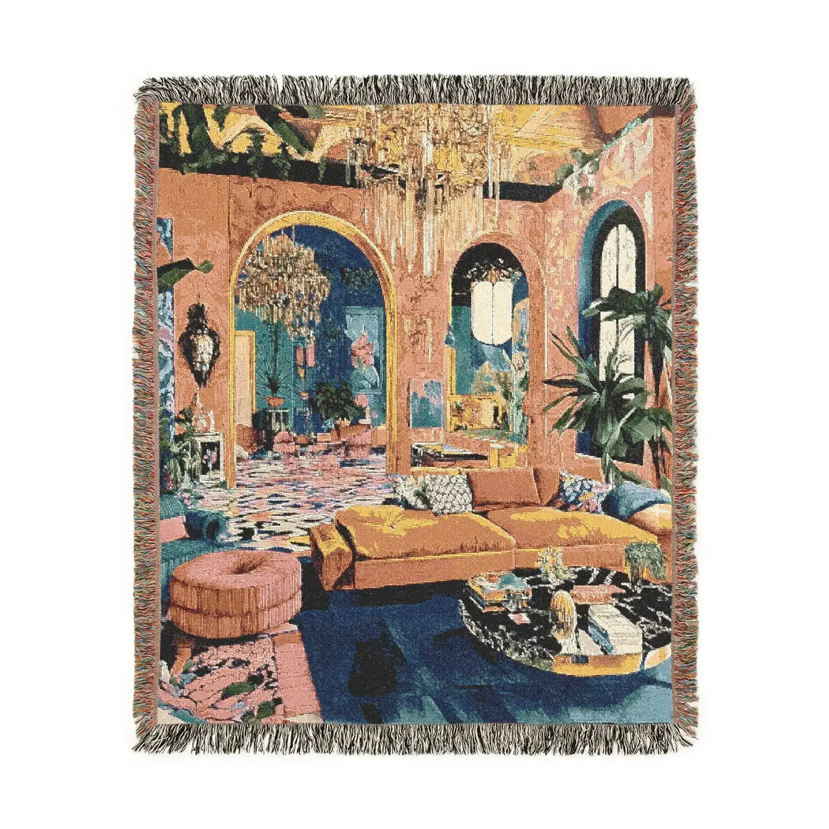 Bold Maximalist Elegance Woven Blanket front 2 — square format salon scene print, arches chandelier tropical plants fringe