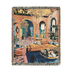 Bold Maximalist Elegance Woven Blanket front 2 — square format salon scene print, arches chandelier tropical plants fringe