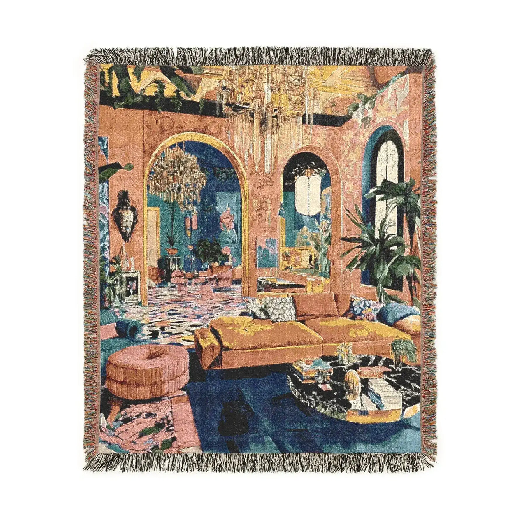 Bold Maximalist Elegance Woven Blanket front 2 — square format salon scene print, arches chandelier tropical plants fringe