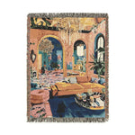 Bold Maximalist Elegance Woven Blanket front 3 — portrait woven throw, maximalist arch salon print, full fringe all edges