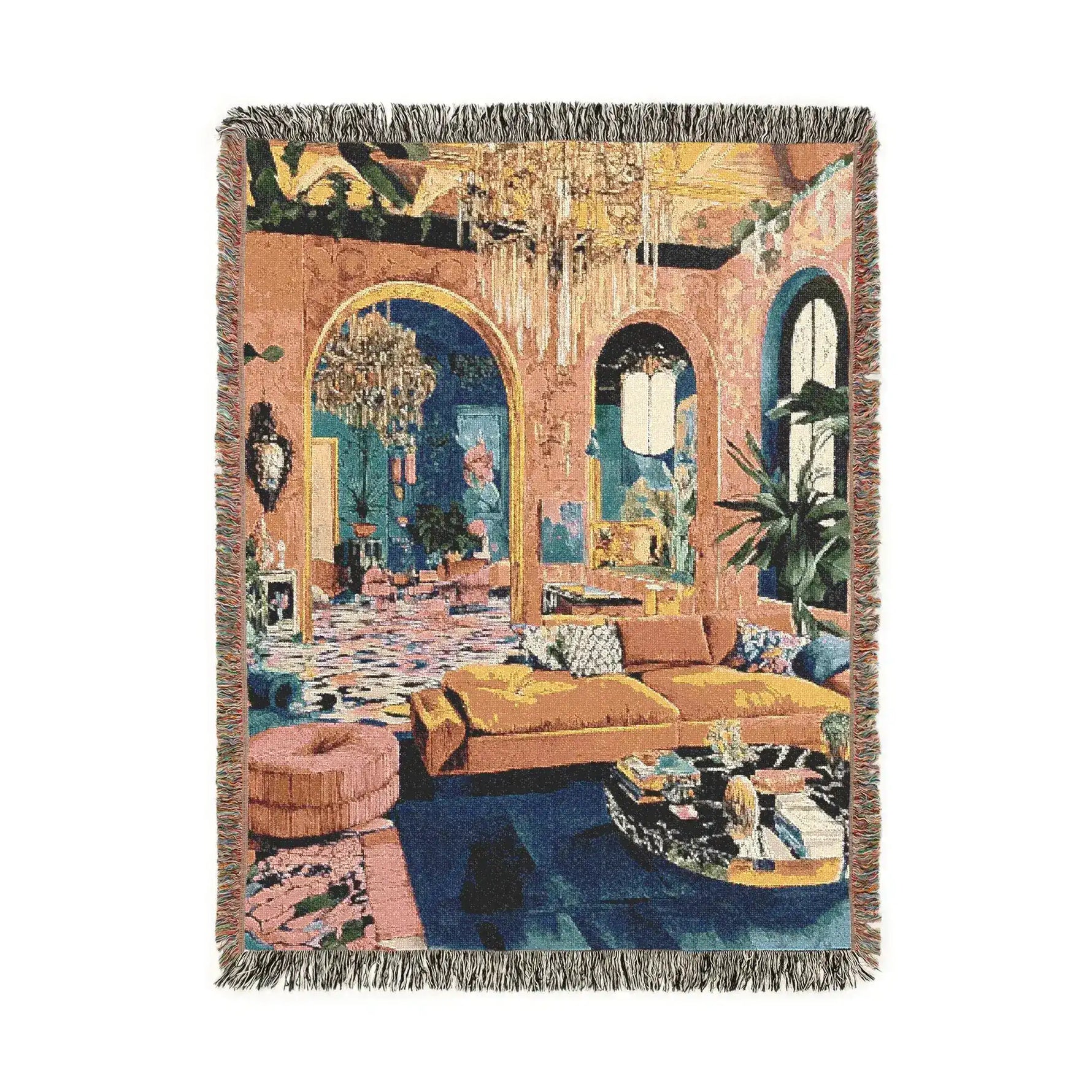 Bold Maximalist Elegance Woven Blanket front 3 — portrait woven throw, maximalist arch salon print, full fringe all edges