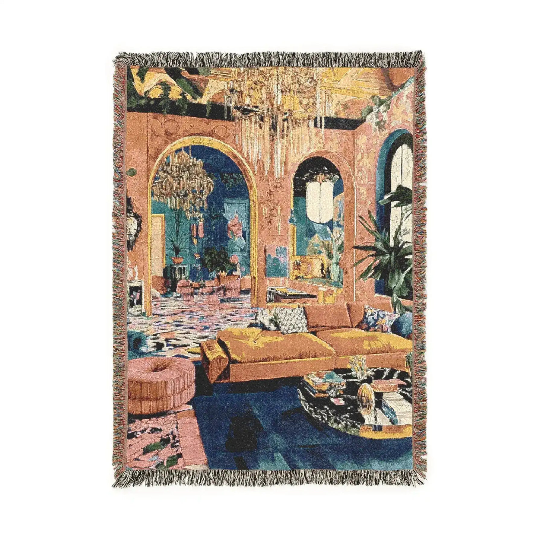 Bold Maximalist Elegance Woven Blanket front — opulent pink salon print with arches, chandeliers, velvet sofa, fringe trim