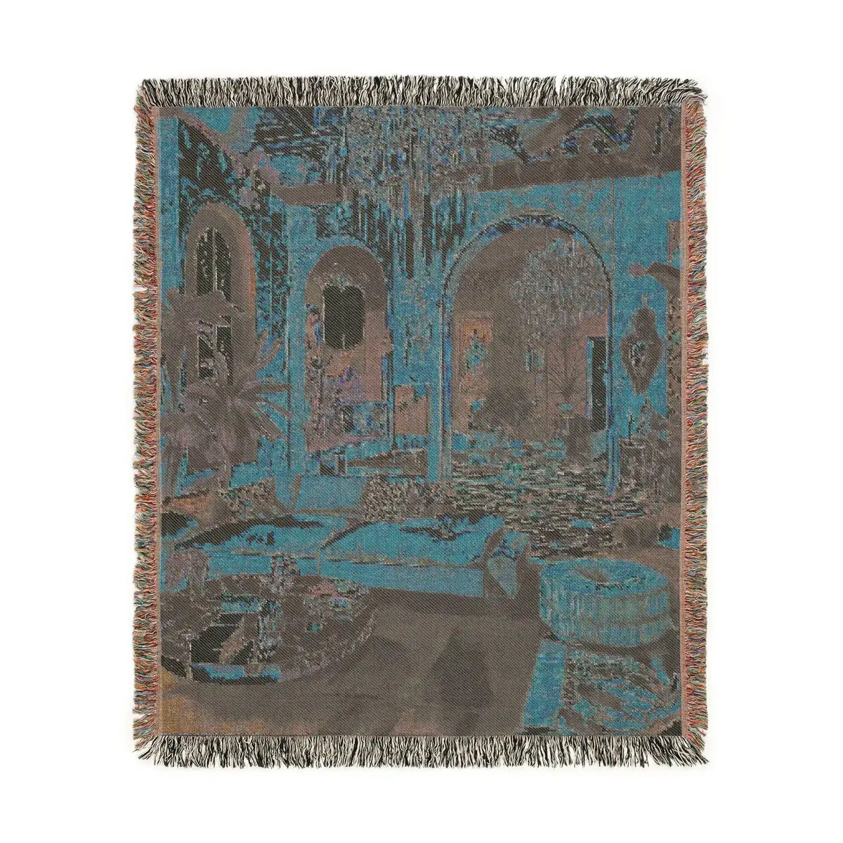 Bold Maximalist Elegance Woven Blanket reverse 2 — square teal charcoal back, arch hall scene in muted tones, fringe edges