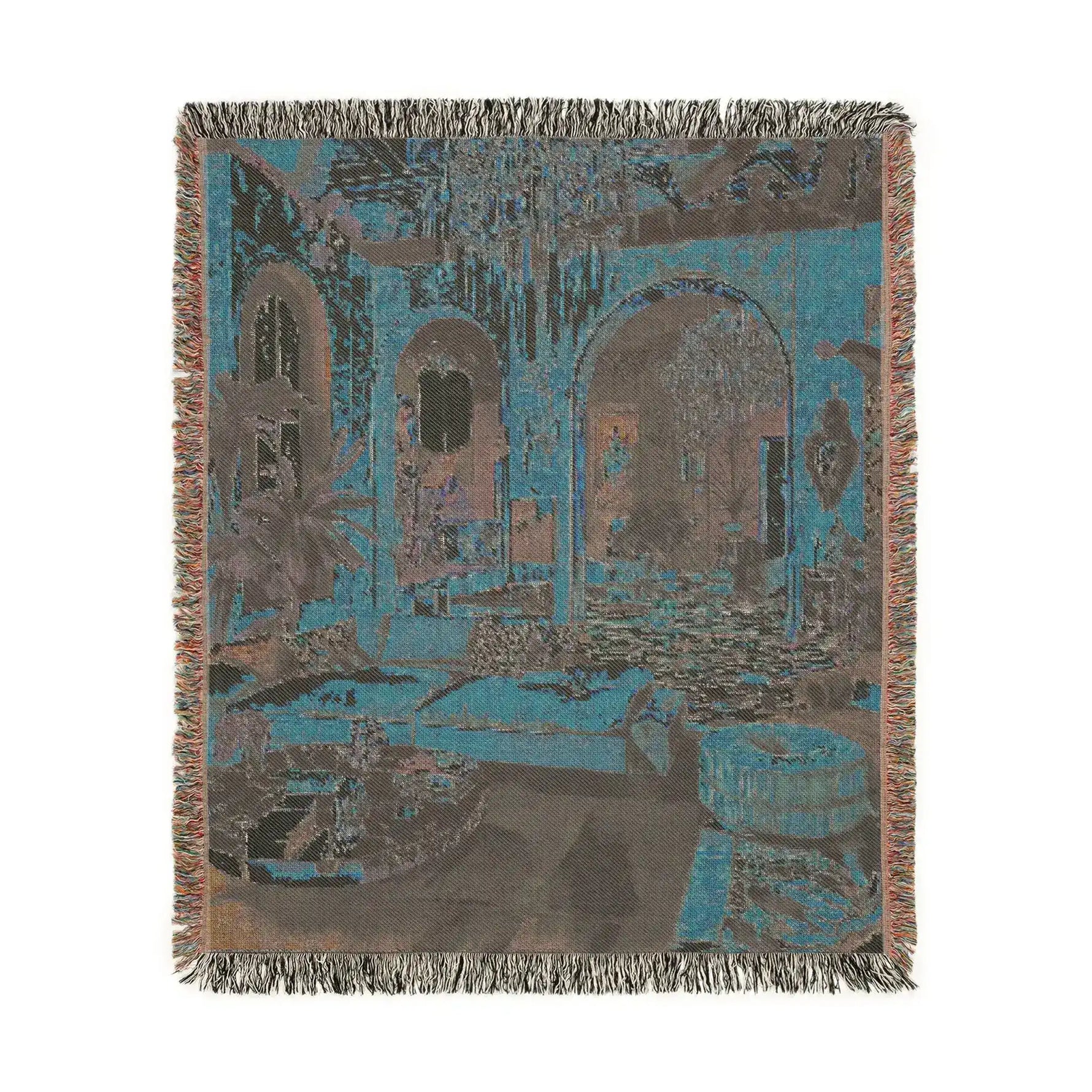 Bold Maximalist Elegance Woven Blanket reverse 2 — square teal charcoal back, arch hall scene in muted tones, fringe edges