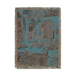 Bold Maximalist Elegance Woven Blanket reverse 3 — portrait teal charcoal woven back, arch print muted tones, fringe trim