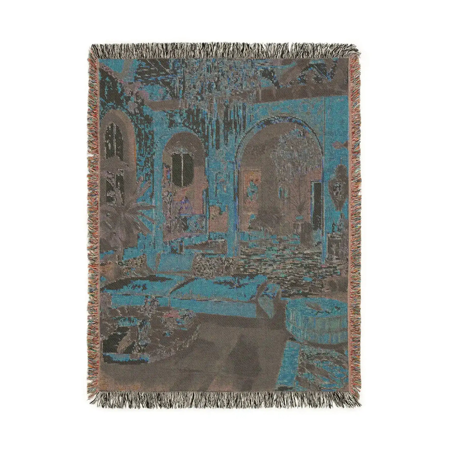 Bold Maximalist Elegance Woven Blanket reverse 3 — portrait teal charcoal woven back, arch print muted tones, fringe trim