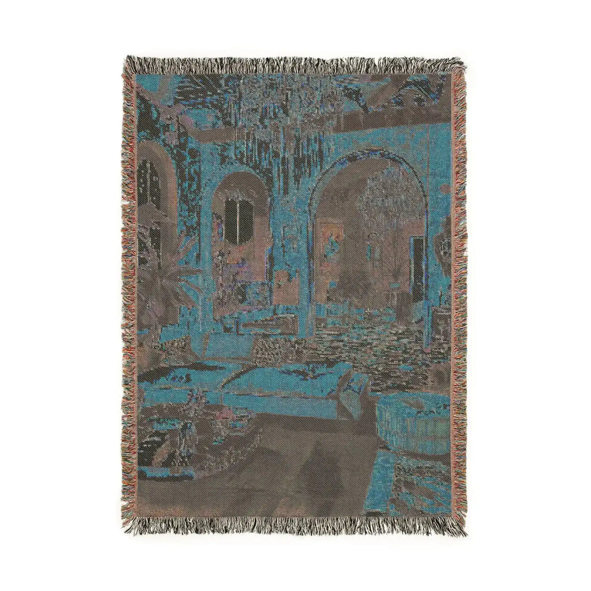 Bold Maximalist Elegance Woven Blanket reverse — teal charcoal woven back, muted arch interior print, fringe on all sides