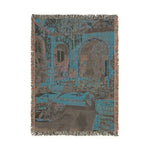 Bold Maximalist Elegance Woven Blanket reverse — teal charcoal woven back, muted arch interior print, fringe on all sides