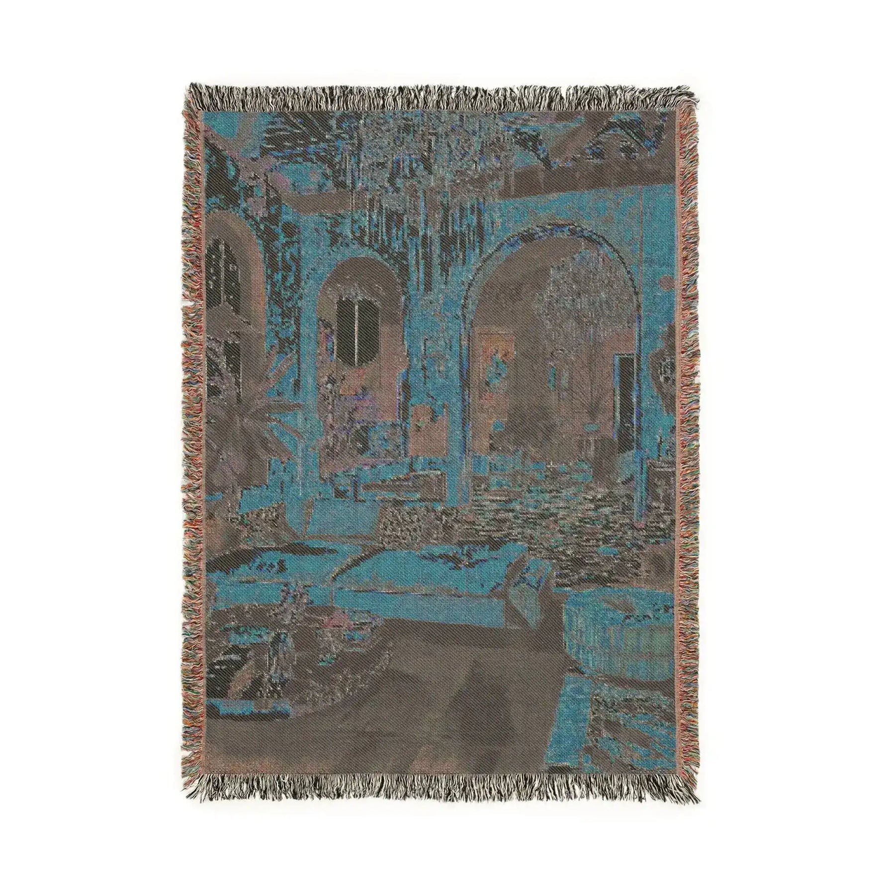 Bold Maximalist Elegance Woven Blanket reverse — teal charcoal woven back, muted arch interior print, fringe on all sides