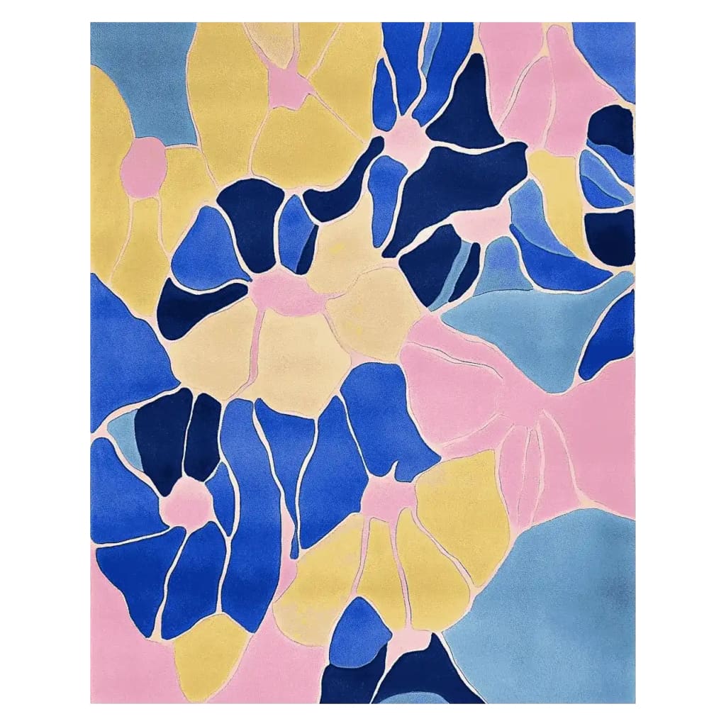 Bold Shape Fusion Hand Tufted Area Rug featuring an abstract design in vibrant shades of blue, pink, and yellow. The rug's modern and artistic pattern adds a splash of color and style to any living space.