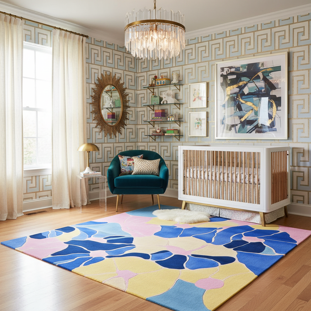 Modern nursery with floral rug, blue chair, and white crib.