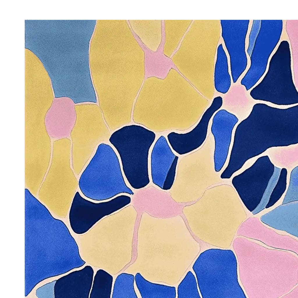Vibrant abstract area rug featuring a bold fusion of colors in yellow, blue, and pink, creating a modern artistic design.
