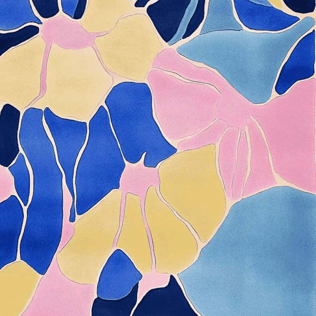 Colorful area rug with abstract shapes in blue, pink, yellow, and light blue tones, showcasing a hand-tufted design that adds a modern touch to any room.