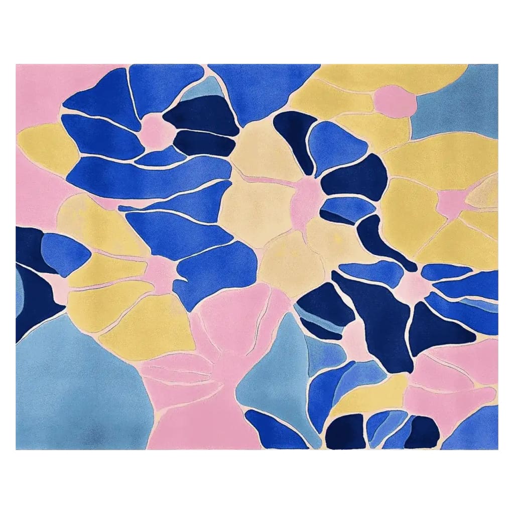 Vibrant abstract area rug with bold, colorful patterns in shades of blue, pink, and yellow, creating a lively and modern aesthetic.