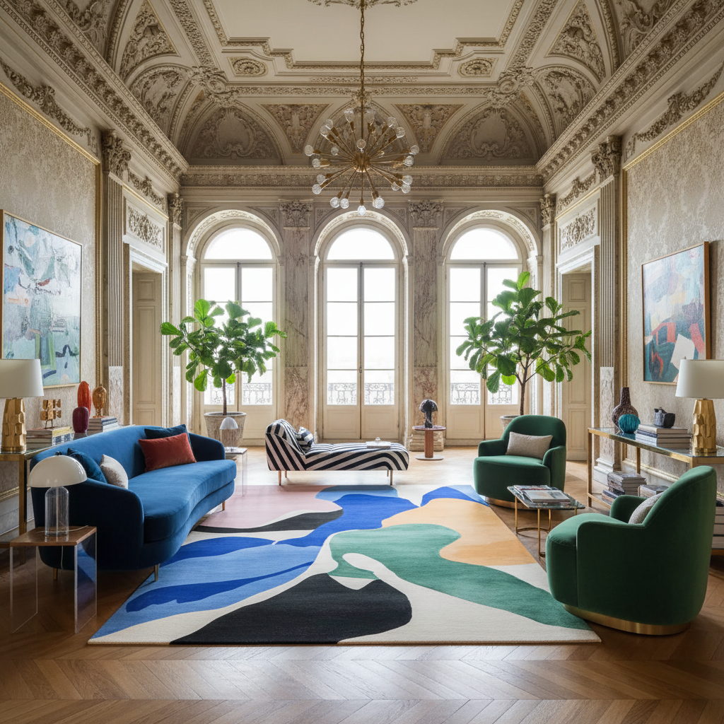 Luxurious living room with ornate ceiling,  a contemporary wool rug, large windows, and modern furniture.
