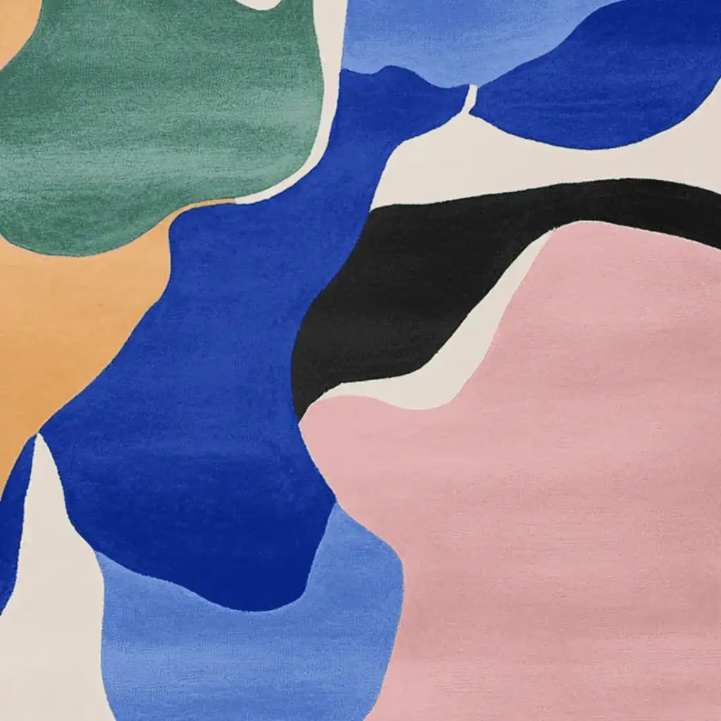 Vibrant abstract design of the Bold Shape Talk Bold Hand Tufted Area Rug featuring a mix of blue, pink, green, and orange colors. Ideal for adding a contemporary touch to living rooms, this wool rug enhances any space with its bold artistic patterns.