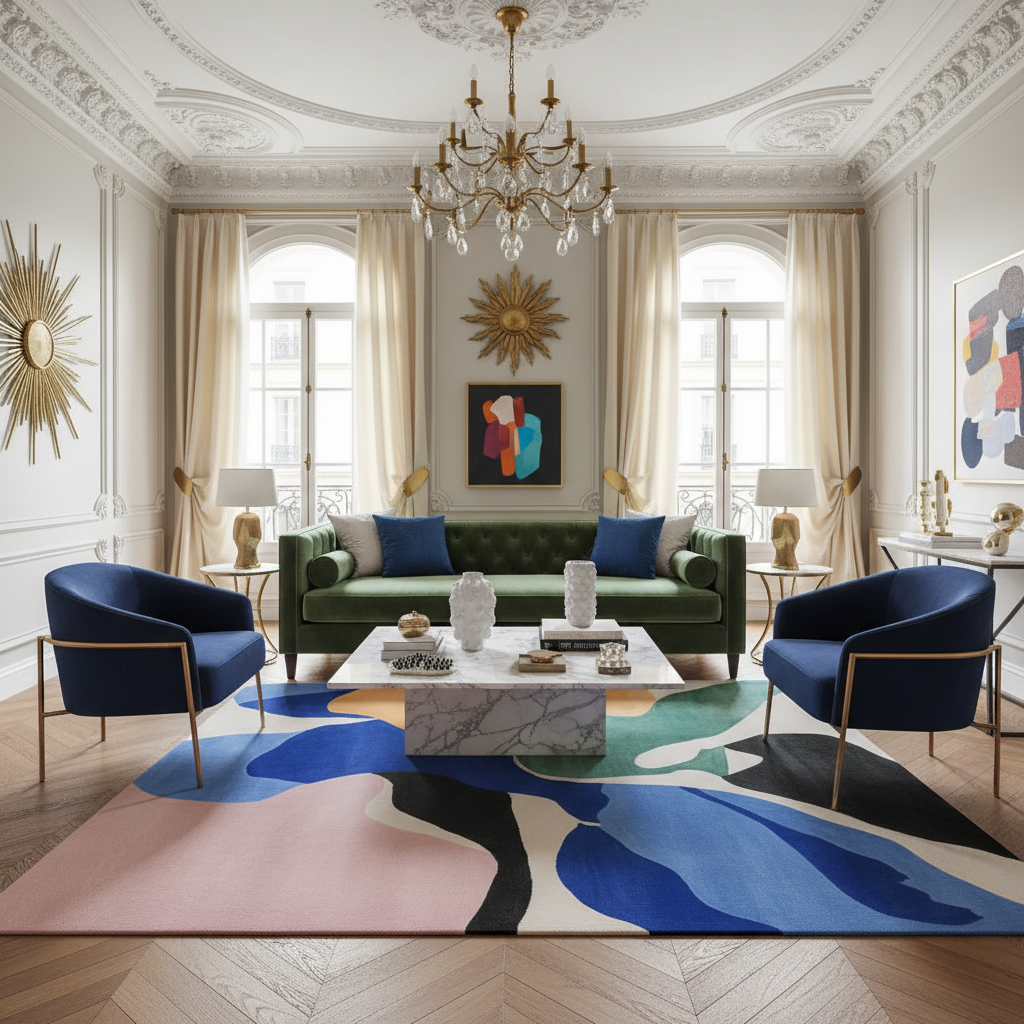 Luxurious living room with green sofa, blue chairs, and a colorful abstract rug.