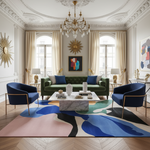 Luxurious living room with green sofa, blue chairs, and a colorful abstract rug.
