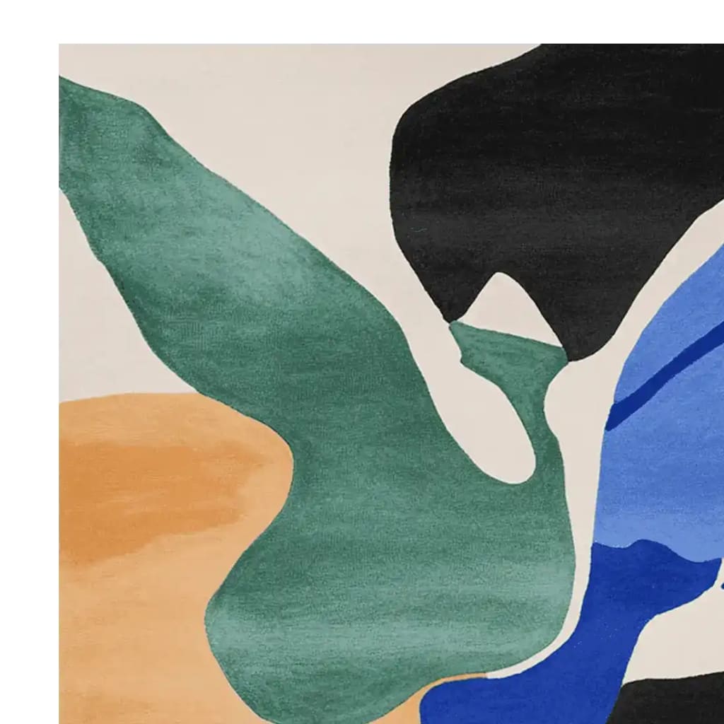 A vibrant abstract area rug in a close-up view, featuring bold swirls of green, black, blue, and orange. This contemporary wool rug is perfect for adding a splash of color to your living room decor.