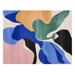 A vibrant, abstract area rug perfect for modern living rooms. This contemporary wool rug showcases bold shapes in blue, green, orange, pink, and black, ideal for adding a splash of color and style to any space.