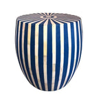 Bone Inlay Blue and White Modern Striped Round End Table Blue