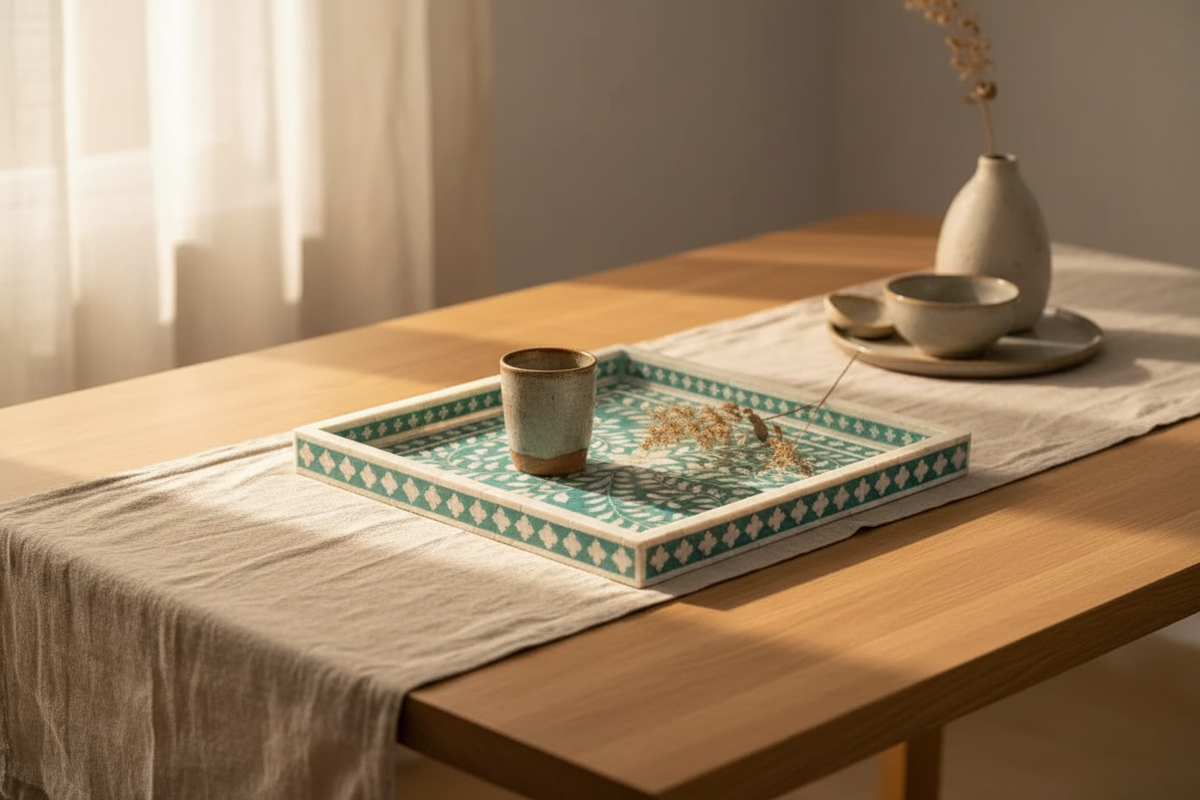 Bone inlay floral geometric decorative tray in green and white on a wooden dining table.