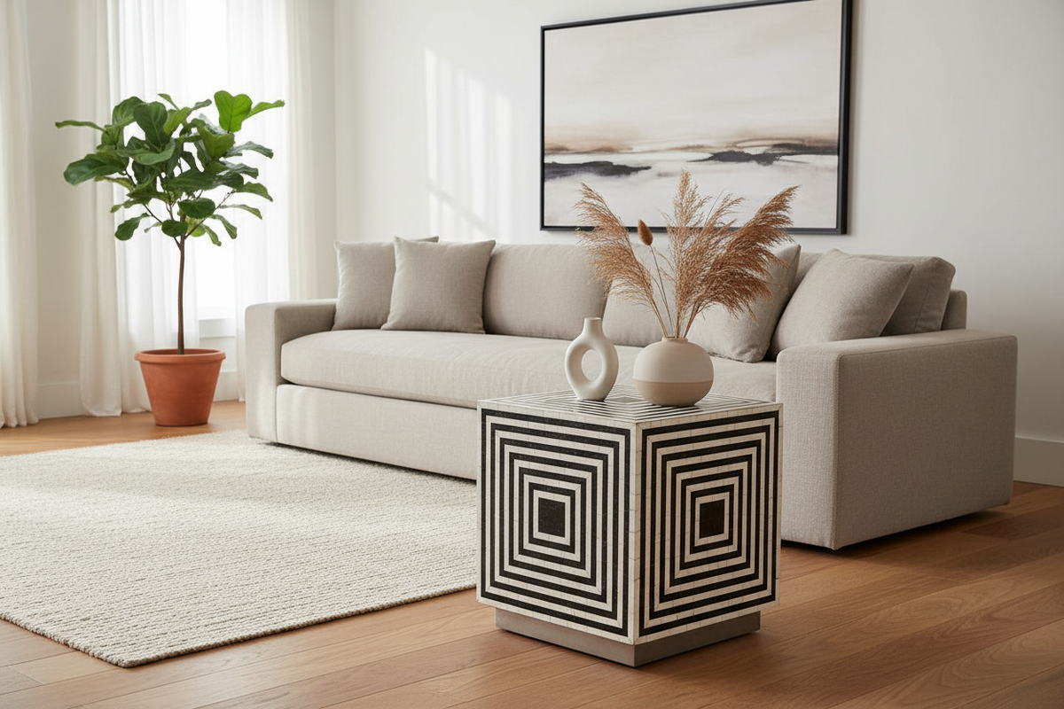 Bone inlay modern striped square end table with a concentric maze pattern beside a cream sofa.