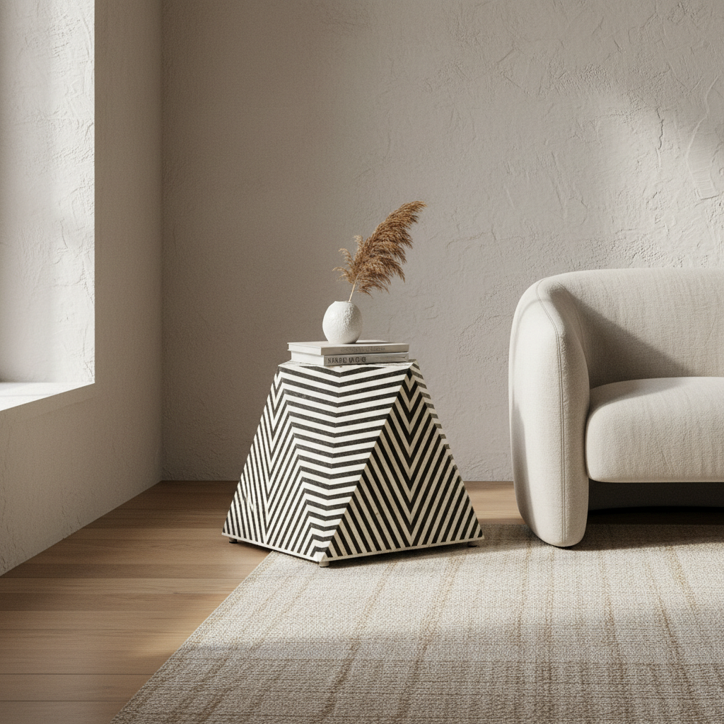 Bone Inlay Wooden Zig Zag Pattern End Table