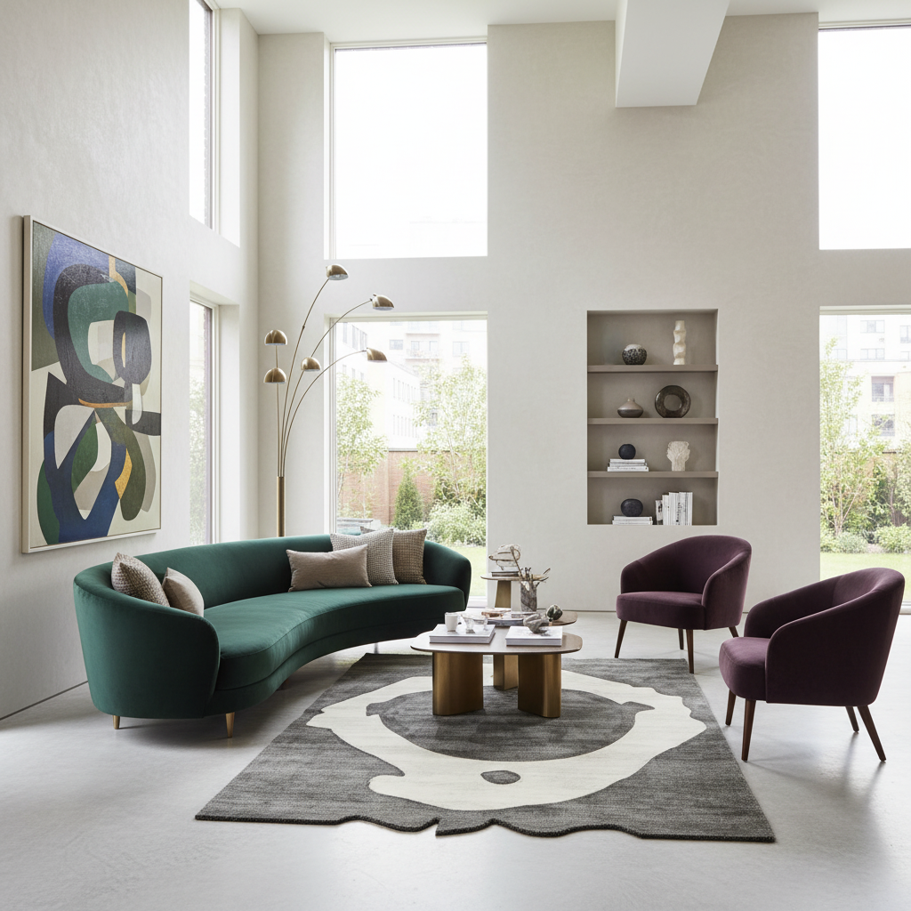Modern living room with a green curved sofa, purple chairs, a contemporary wool rug, and abstract art on the wall.
