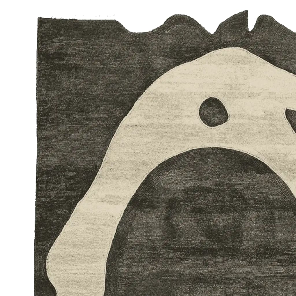 Close-up view of the Bone Ring Ritual Hand Tufted Area Rug, showcasing its unique abstract design in black and white tones. Perfect for adding a contemporary touch to living room area rugs, this wool rug combines style and comfort.