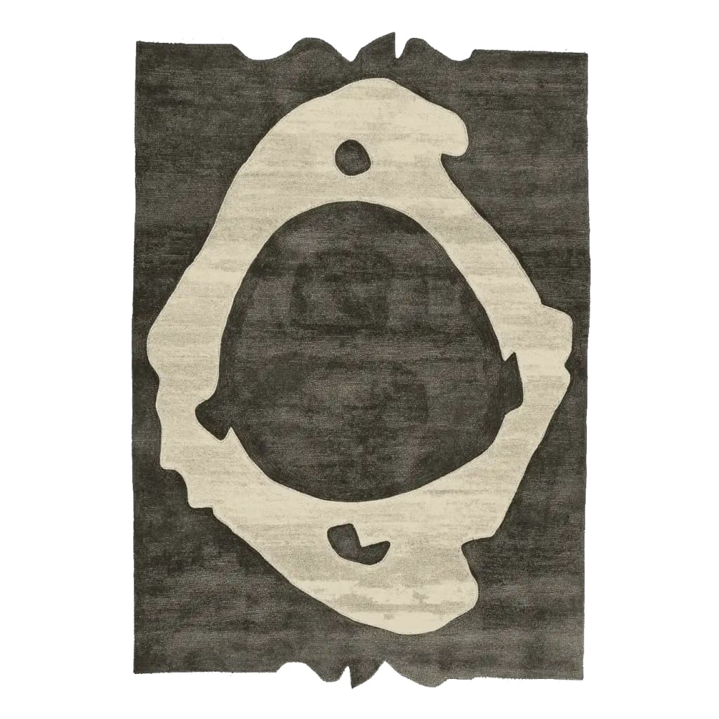 Top view of the Bone Ring Ritual Hand Tufted Area Rug featuring an abstract design in neutral tones, perfect for contemporary living room decor. This wool rug offers a sophisticated touch to any space.