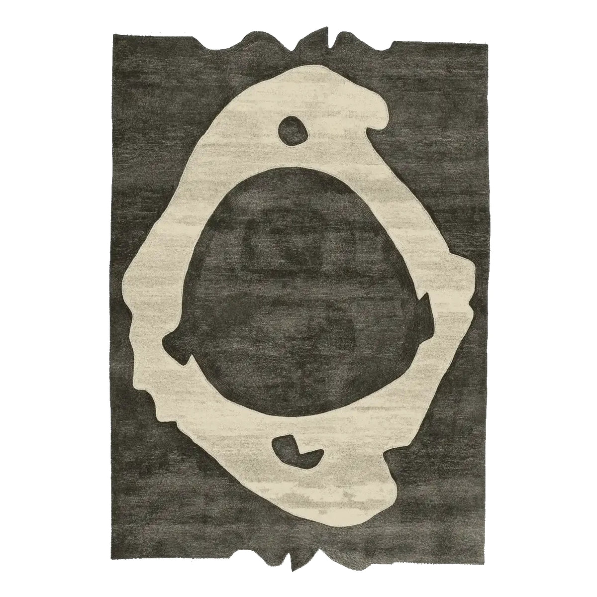 Top view of the Bone Ring Ritual Hand Tufted Area Rug featuring an abstract design in neutral tones, perfect for contemporary living room decor. This wool rug offers a sophisticated touch to any space.