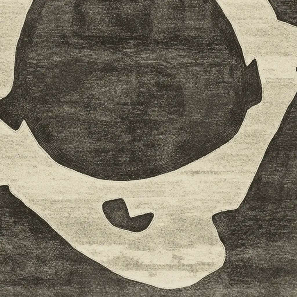 Close-up of the Bone Ring Ritual Hand Tufted Area Rug showcasing its contemporary abstract design. This wool rug features bold black and beige patterns, perfect for enhancing living room area rugs with a modern touch.